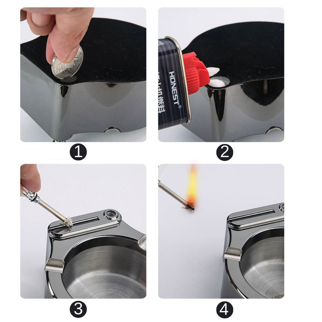 Vintage Metal Ashtray With Lighter