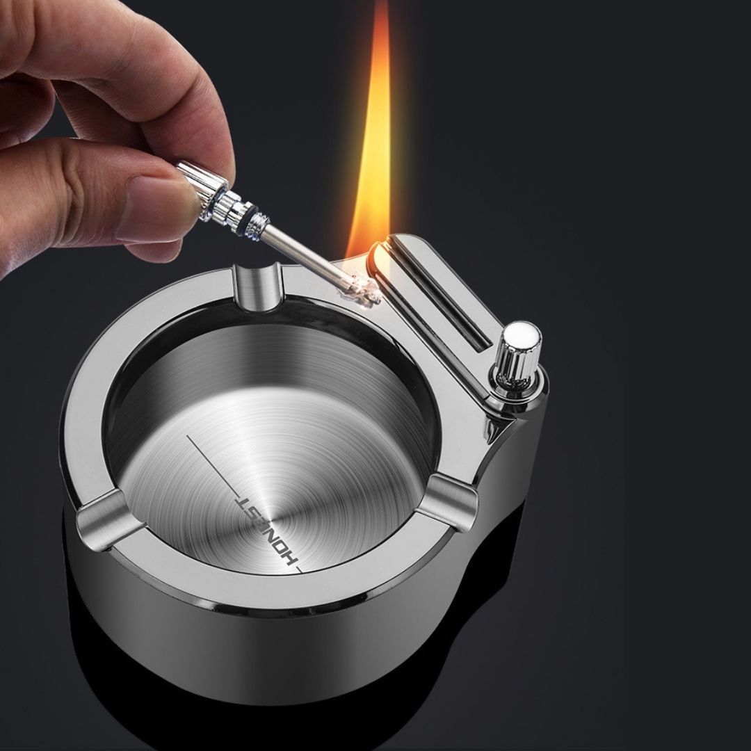 Vintage Metal Ashtray With Lighter