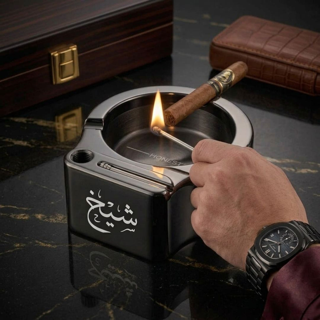 Vintage Metal Ashtray With Lighter
